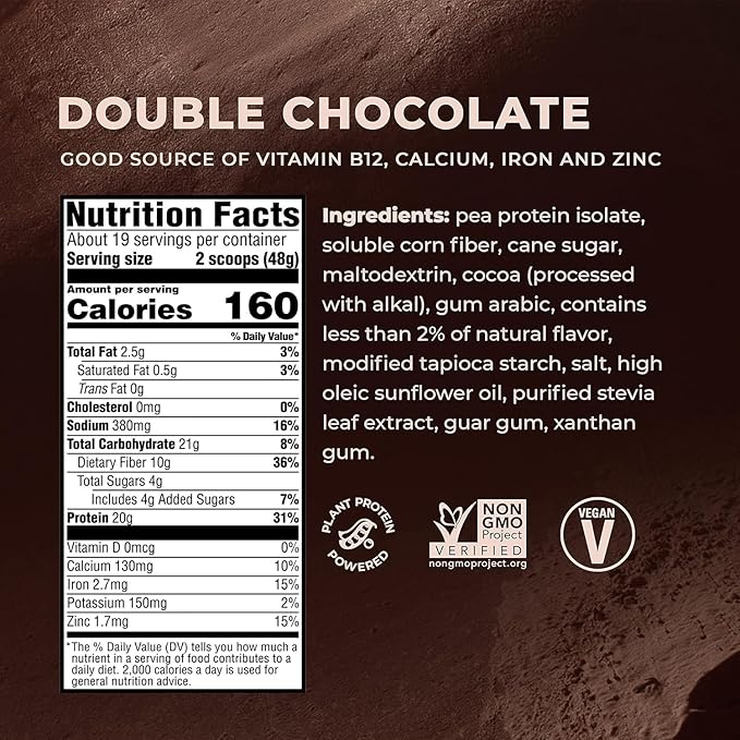 Evolve Plant Based Protein Powder, Double 20g Vegan 3g Fiber, 2 Pound