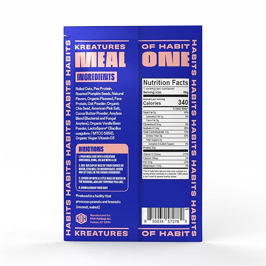 Kreatures of Habit Meal One | Overnight & Instant Superfood Protein Meal Replacement | Gluten Free, Dairy Free, 30g of Plant Based Protein, With No Added Sugar | Vanilla | Pack of 7