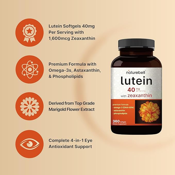 Lutein 40mg and Zeaxanthin 1,600mcg Per 360 Softgels 4 in 1 with Omega-3s, Astaxanthin,