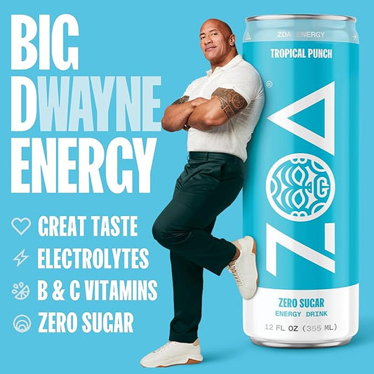 ZOA Zero Sugar Energy Drinks, Tropical Punch - Sugar Free with Electrolytes, Healthy Vitamin C, Amino Acids, Essential B-Vitamins, and Caffeine from Green Tea - 16 Fl Oz (12-Pack)