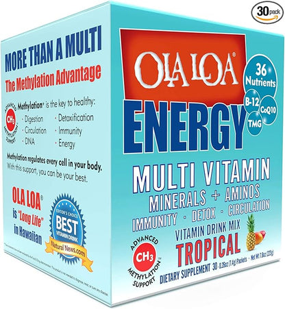 Ola Loa Energy Tropical Multi Vitamin Drink Mix - Amino Energy Powder, Gluten Free, Detox, Dairy Free, Caffeine Free - Drink Your Vitamins for The Rigors of Daily Life - 30 Packets (8.25oz)