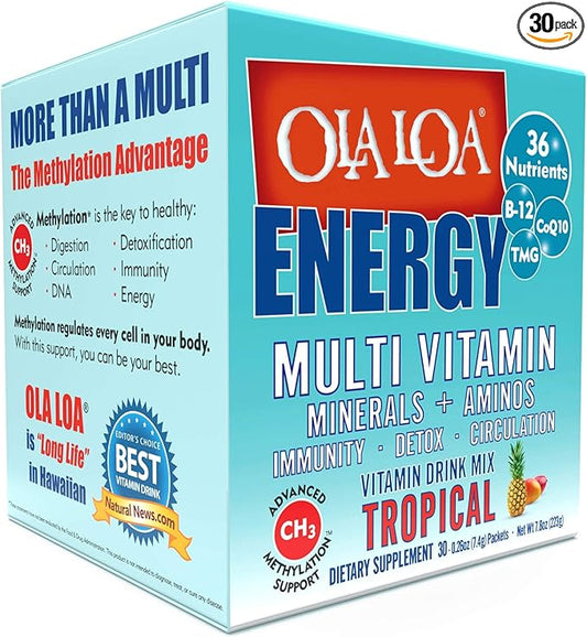 Ola Loa Energy Tropical Multi Vitamin Drink Mix - Amino Energy Powder, Gluten Free, Detox, Dairy Free, Caffeine Free - Drink Your Vitamins for The Rigors of Daily Life - 30 Packets (8.25oz)