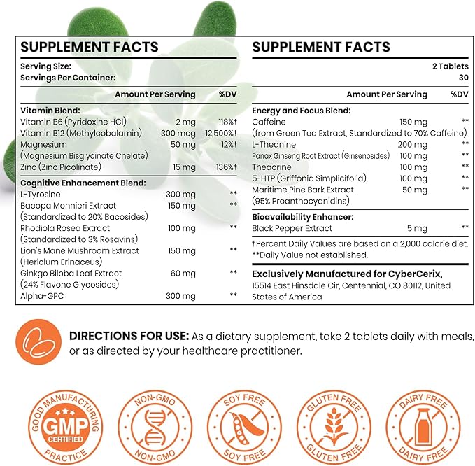 17-in-1 Brain Supplements for Memory and Focus - Nootropic Formula for Concentration, Clarity, Energy & Focus - Natural Caffeine Blend with Vitamins, Amino Acids & Herbal Extracts - 120 Tablets