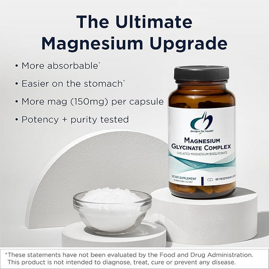 Designs for Health Magnesium Glycinate Complex - Chelated Magnesium Bisglycinate + High Absorption Magnesium Oxide for Heart Health, Immune Support & Bone Strength - Vegan (60 Capsules)