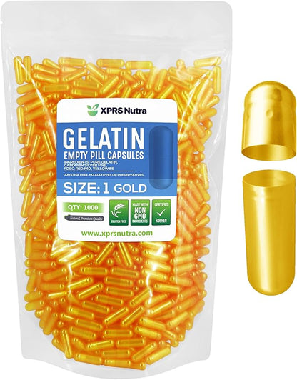XPRS Nutra Size 1 Empty Capsules - 1000 Count Empty Gelatin Capsules - Empty Pill Capsules - DIY Capsule Filling - Pure Bovine Pill Capsules Empty Gel Caps (Gold)