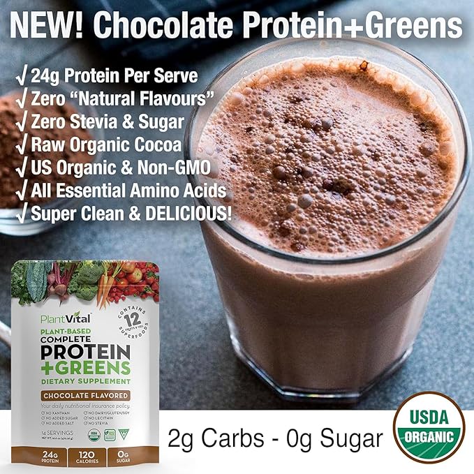 Plantvital Vegan Protein Powder Plant Based 24g/0g Sugar, 18 Superfoods, 48oz
