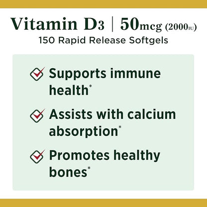 Nature's Bounty Vitamin D, Supports Immune 2000IU Vitamin D3, 150 150 Softgels ,150 Count 1)