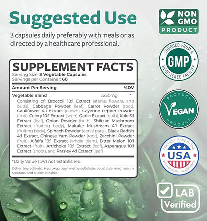 Super Greens Antioxidants Superfoods 2250mg Supplement 20 Ingredients 180 Capsules