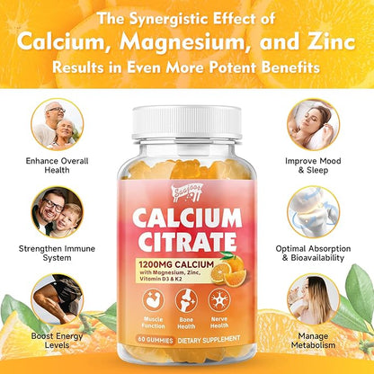 Calcium Citrate Gummies 1200 mg with Vitamin D3, K2, Magnesium, Zinc, Bone Support for Bones, Muscles & Joints,Immunity & Memory Support, 120 Count