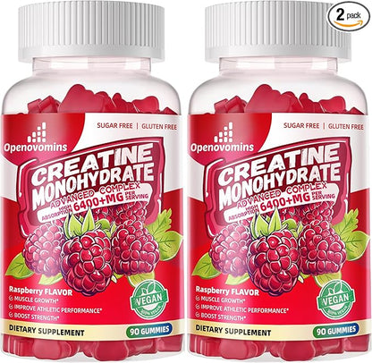 Creatine Monohydrate Gummies Complex 6400mg for Men & Women -Advanced Formula W/L-Taurine + Vitamin B12, Sugar Free Chewable Supplement,180 Raspberry Gummies 2pack