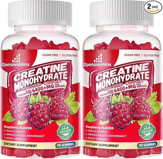 Creatine Monohydrate Gummies Complex 6400mg for Men & Women -Advanced Formula W/L-Taurine + Vitamin B12, Sugar Free Chewable Supplement,180 Raspberry Gummies 2pack