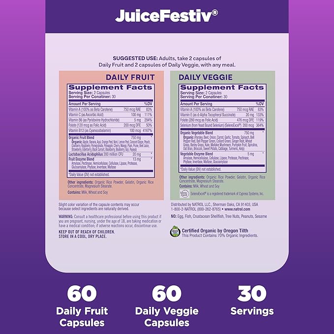 Natrol JuiceFestiv, The Ultimate Fruit and Veggie Super-Food to Support Balanced Nutrition and Overall Well-Being, Plus Antioxidants for Cellular Health, 60 Capsules (2-Count), Up to a 30 Day Supply