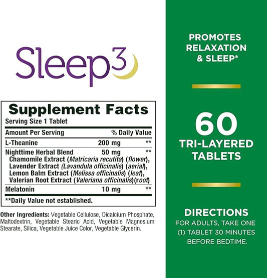 Nature's Bounty Sleep3 Melatonin 10mg, Maximum 100% Drug 60 Tri-Layered