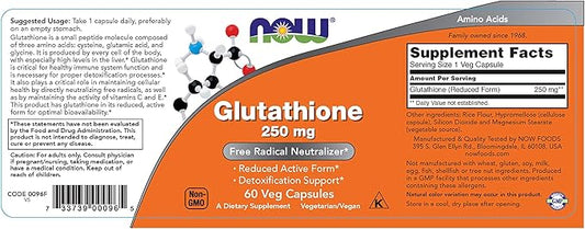 NOW Supplements, Glutathione 250 mg, Detoxification 60 Veg