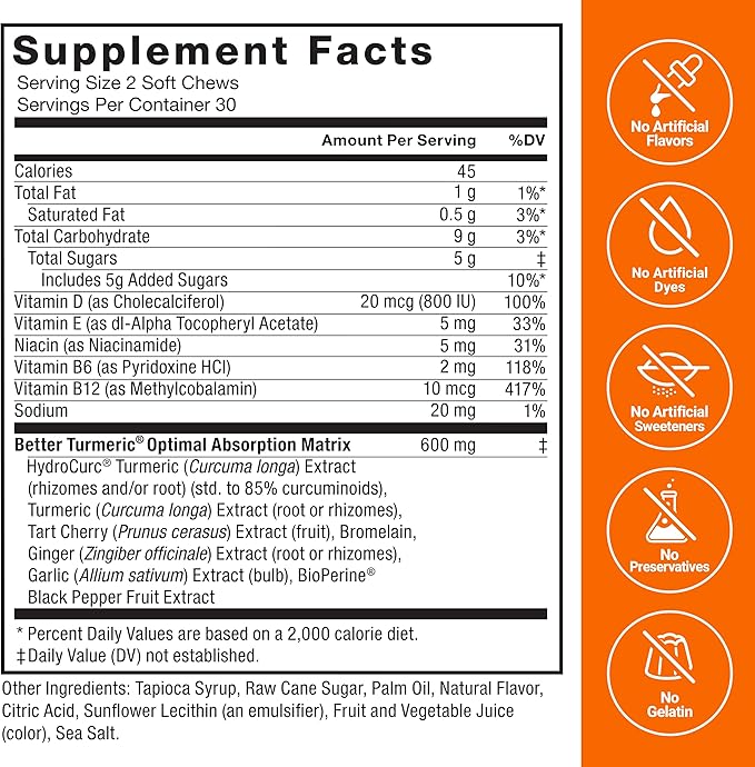 Force Factor Better Turmeric Joint Support Supplement for Extra Strength Joint Health, Featuring HydroCurc Turmeric Curcumin with Black Pepper for Superior Absorption, Fruit Splash, 120 Soft Chews