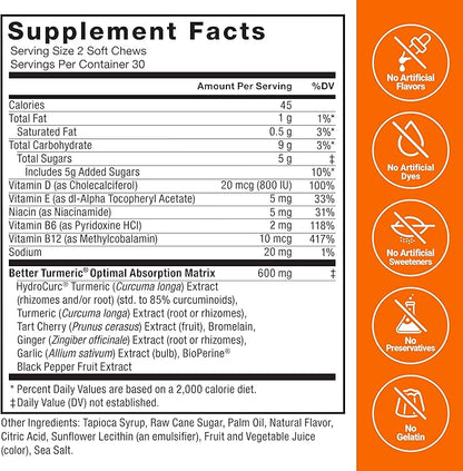 Force Factor Better Turmeric Joint Support Supplement for Extra Strength Joint Health, Featuring HydroCurc Turmeric Curcumin with Black Pepper for Superior Absorption, Fruit Splash, 120 Soft Chews