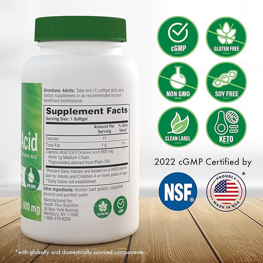 Health Thru Nutrition Caprylic Acid 600mg 100 Softgels | C8 Octanoic Acid from Pure 1g MCT Oil | Non-GMO & Soy Free | Support Healthy Digestive and Intestinal Health | Keto Friendly