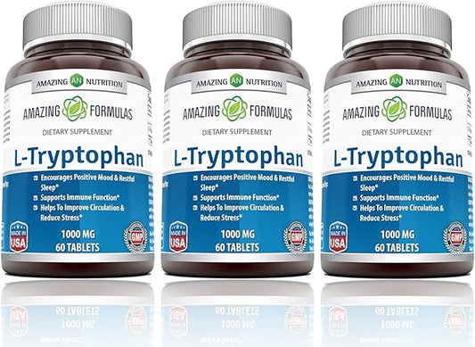 Amazing Formulas L-Tryptophan 1000mg Tablets Supplement (60 Count 3 Pack)