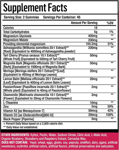 90ct 15-in-1 Magnesium Glycinate Gummies 400 mg/serv- with Magnesium Malate, Ashwagandha, Tart Cherry, Magnolia Bark, Lemon Balm, Passionflower, Chamomile, L-Theanine, Zinc, Vitamin K2 & D3
