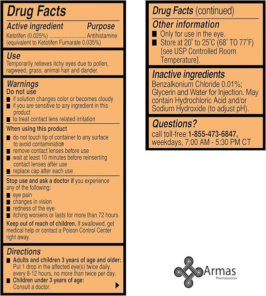 Armas Allergy Eye Drops, Itch Relief, 12 Hours, 30 Day 0.17 Fl
