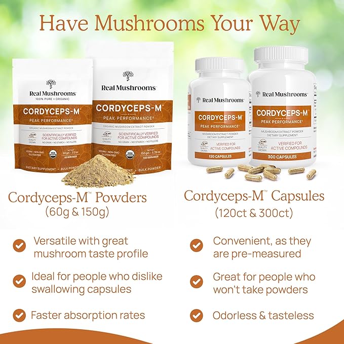 Real Mushrooms Cordyceps Capsules - Performance Mushroom Extract Supplement with Organic Cordyceps Militaris for Energy & Immune Support - Vegan Cordyceps Mushroom Supplement, Non-GMO, 300 Caps