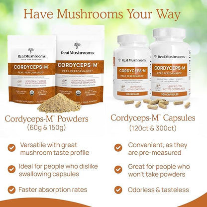 Real Mushrooms Cordyceps Capsules - Performance Mushroom Extract Supplement with Organic Cordyceps Militaris for Energy & Immune Support - Vegan Cordyceps Mushroom Supplement, Non-GMO, 300 Caps
