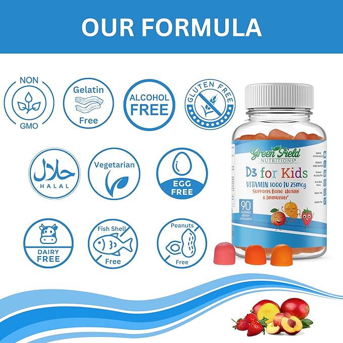 Greenfield Nutritions Halal Vitamin D3 for Kids - 1000 IU (25 mcg), 90 Halal Gummies - Non-GMO Gelatin Gluten Free Vegetarian Halal Vitamin D - Halal Vitamins for Kids, Supports Bone & Immune System