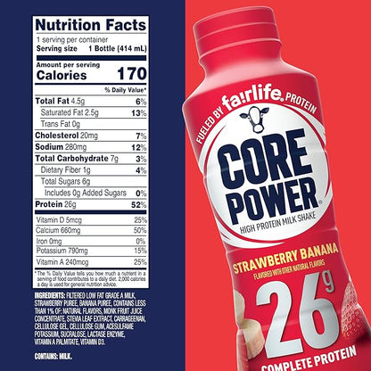 Core Power Protein Shake, Strawberry Banana, 26g Bottle, 14oz, 12 Pack