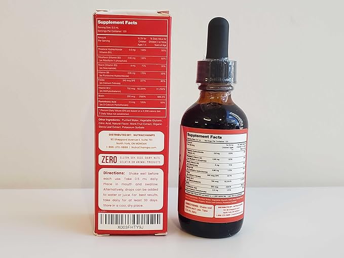 NutraChamps Vitamin B Complex for Kids, B1, B2, B3, B6, B7, B9 & Methyl B12, Kids B Complex Liquid Drops Supplement, Energy, Focus, Metabolism, Natural Berry, 120 Servings, 4 Month Supply