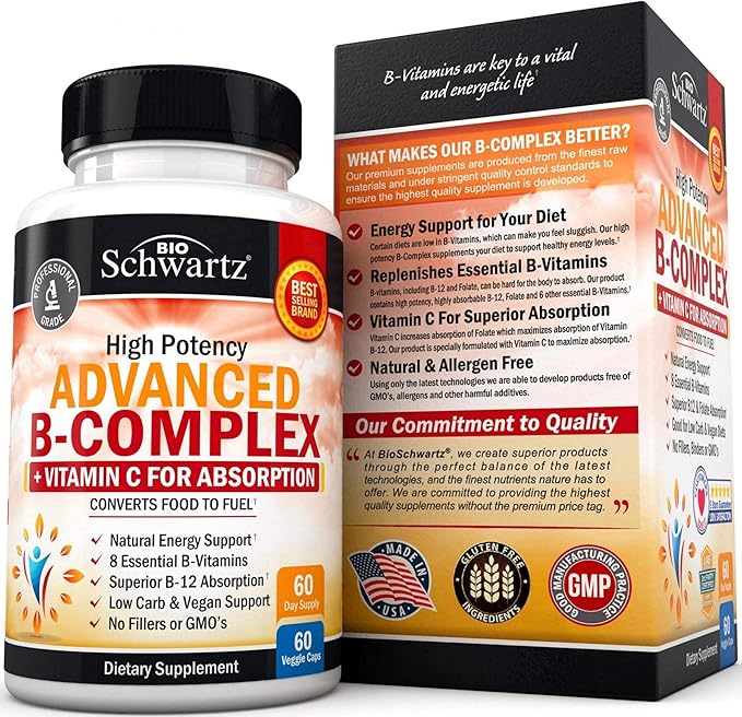 Vitamin B Complex with Vitamin C b12 & B1 B2 B2 B3 B3 B5 B5 B6 B6 B7 B7 B9 B9 for -60ct