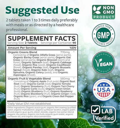 USDA Organic Greens Powder (180 Tablets) 28 Fruits