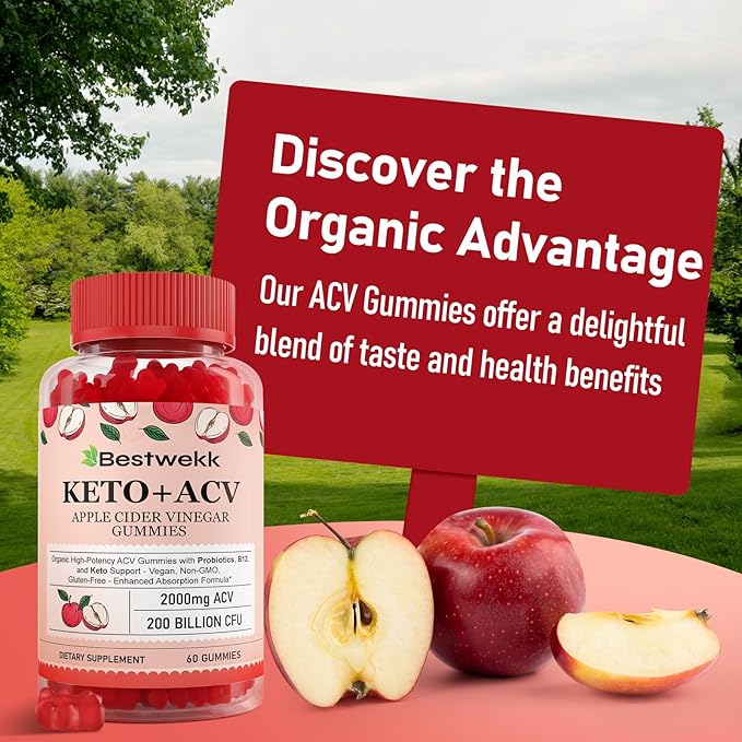 Apple Cider Vinegar Gummies, Max Strength 2000mg ACV Gummies with Probiotics, B12 and Keto, for Digestion, Metabolism, Gut & Immune Health, Gelatin-Free, Vegan & Non-GMO, 180 Gummies
