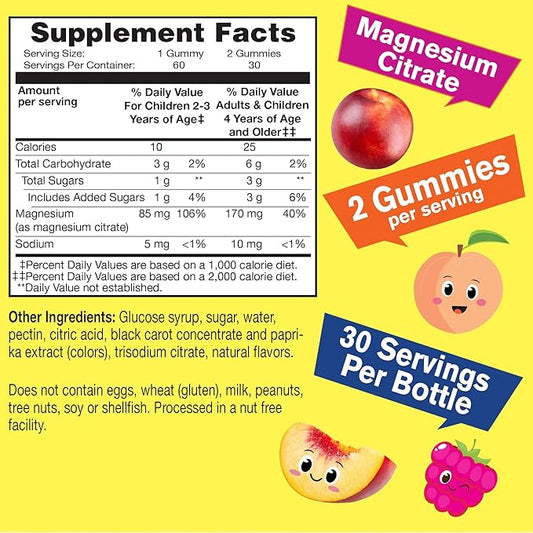 Magnesium Citrate Gummies for Kids (2 Pack) - Chewable Stress Relief Supplement for Children - Natural Calm, Mood Support, Non-GMO, Gluten Free - Natural Sourced Flavors - 60 Gummies