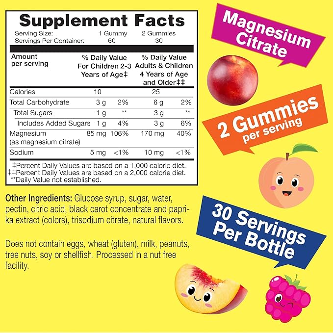 Magnesium Citrate Gummies for Kids - Chewable Stress Relief Supplement for Children - Natural Calm, Mood Support, Non-GMO, Gluten Free - Natural Sourced Flavors - 60 Gummies