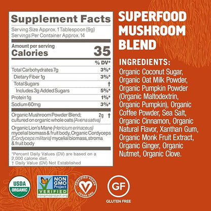 OM MUSHROOM SUPERFOOD, Organic Mushroom Pumpkin Spice Latte Blend, 4.44 Ounce