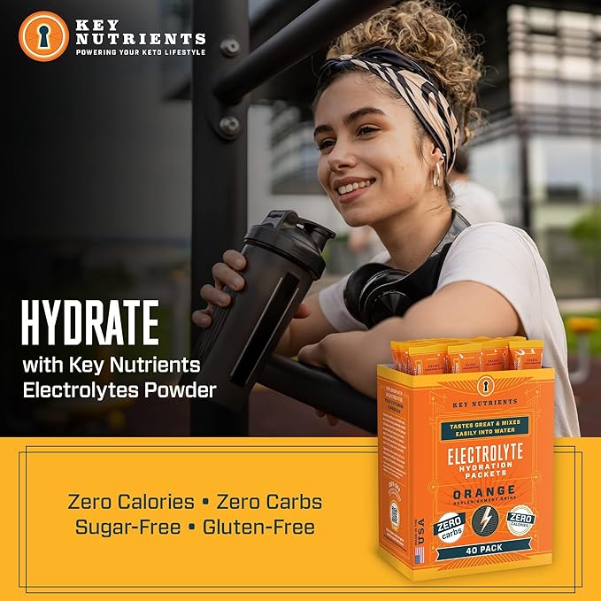 KEY NUTRIENTS Electrolytes Powder Packets - Tangy Orange 40 Pack Hydration Packets - Travel Hydration Powder - Made in USA - No Sugar, No Calories, Gluten Free