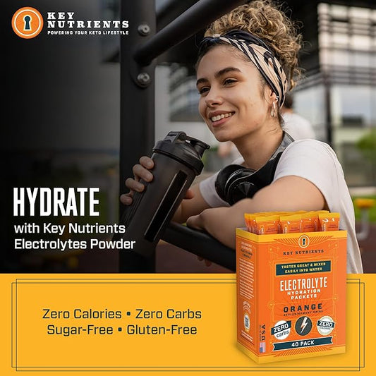 KEY NUTRIENTS Electrolytes Powder Packets - Tangy Orange 40 Pack Hydration Packets - Travel Hydration Powder - Made in USA - No Sugar, No Calories, Gluten Free