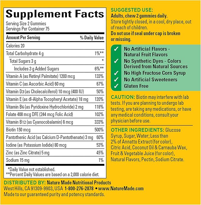 Nature Made Multivitamin Gummies, Dietary Supplement 150 Gummy 75 Day