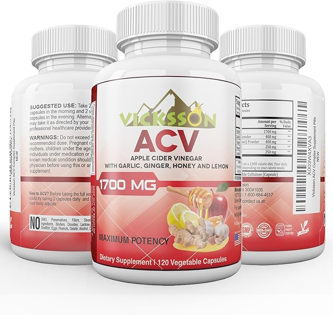 Vicksson Apple Cider Vinegar Pills 1700 mg of ACV with Garlic, Ginger, Lemon & Honey for Weight, Detox, Cleanse, Appetite, Bloating, Metabolism & Immune Support | 120 Capsules