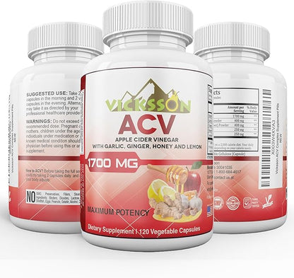 Vicksson Apple Cider Vinegar Pills 1700 mg of ACV with Garlic, Ginger, Lemon & Honey for Weight, Detox, Cleanse, Appetite, Bloating, Metabolism & Immune Support | 120 Capsules