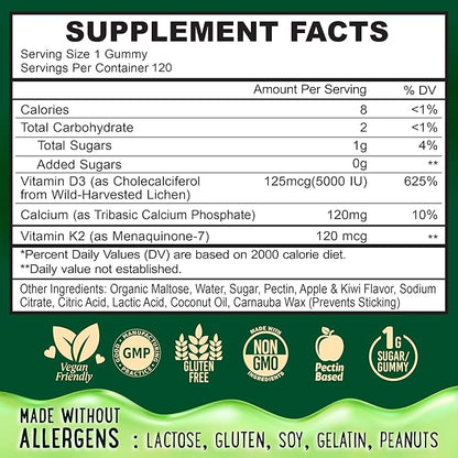 Center-Filled Vitamin D3 K2 Gummies - Kids, Teens & Adults - Supplement for Healthy Teeth, Bone, Energy & Immunity - 5000 IU D3, 120 mcg K2(MK-7), 120 mg Calcium - Vegan & Non-GMO - 120 Count