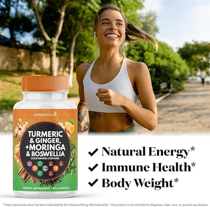 Turmeric Moringa Supplement | Ginger, Boswellia, Saffron, Holy Basil- Joint Support Supplement for Women and Men with Ceylon Cinnamon, Quercetin, Tart Cherry- 240 Count