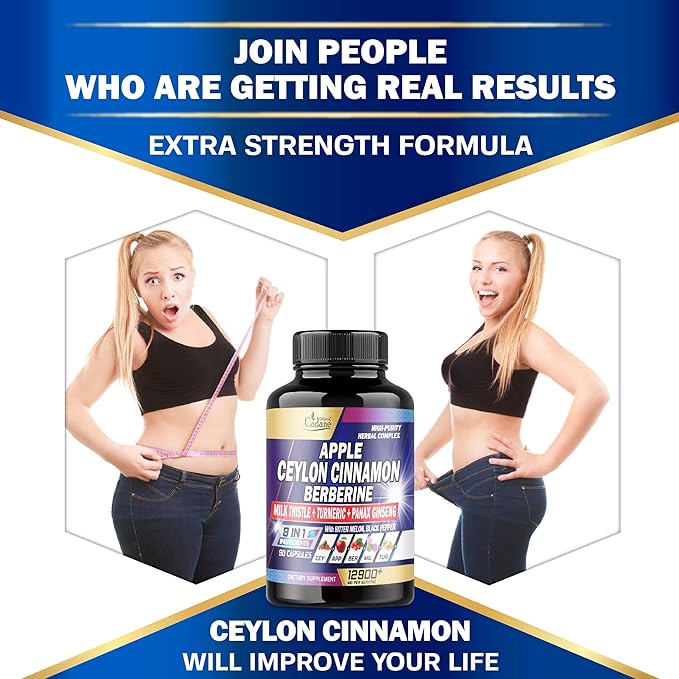 Organic Cadane Ceylon Cinnamon 7500mg Berberine 1500mg Apple 2000mg - 90 Vegan 8 Herbs 3 Month
