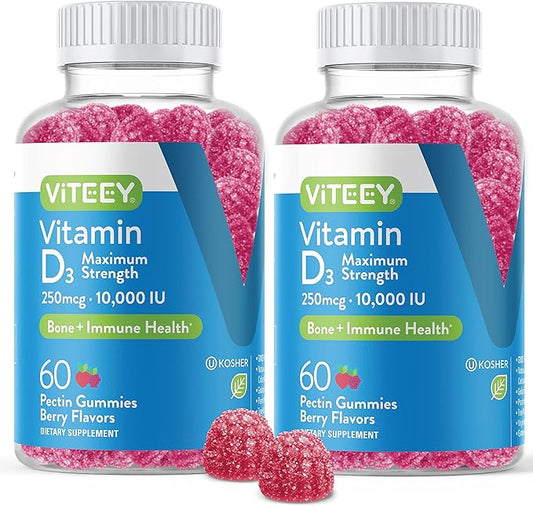 VITEEY Vitamin D3 Gummies for Adults & Teens - 10,000 IU, 250mcg, Maximum Strength - Joint & Muscle Health, Immune Boost - Chewable Vitamin D Gummies - Vegetarian, Gelatin Free - Tasty Berry Flavored
