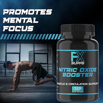 FX SUPPS Nitric Oxide Booster | Bodybuilding Pre Workout Pills for Men and Women (1 Pack of 120 Capsules) Boost Energy Pump & Vascularity | Muscle Builder Supplement with Arginine, Best for Athletes