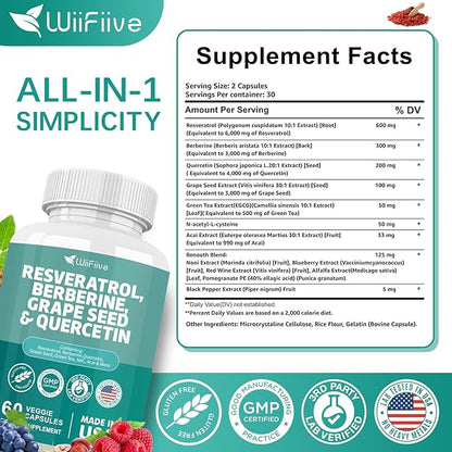 New Resveratrol 6000mg Berberine 3000mg Grape 3000mg Quercetin 4000mg,Polyphenol Supplement 60 Capsules