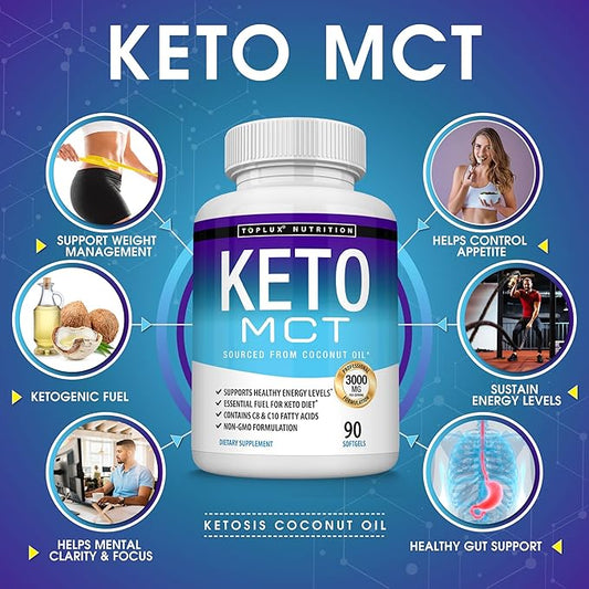 Toplux Keto MCT Oil Capsules - 3000mg Natural Pure Coconut Oil Extract Pills, Source of Energy, Easy to Digest for Men Women, 90 Softgels, Supplement