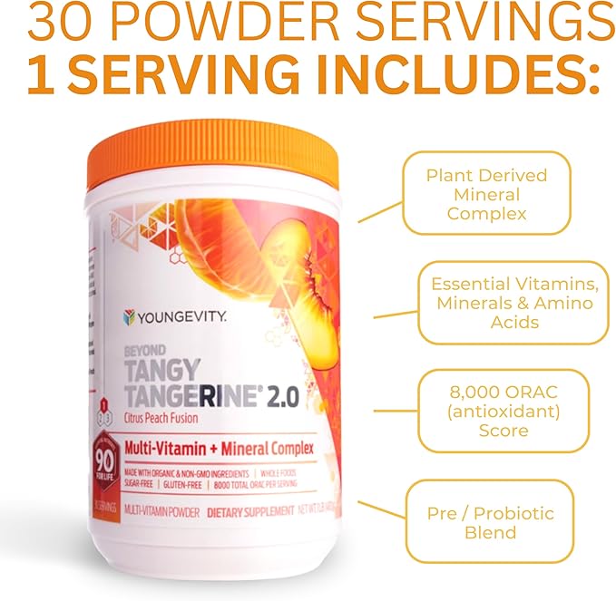 Youngevity Beyond Tangy Tangerine 2.0 Citrus Peach Ultimate Multi-Vitamin & Mineral Complex - Made with Natural & Whole Foods | 8,000 ORAC | 2 Canisters