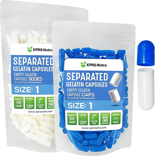 XPRS Nutra Size 1 Gelatin Separated Capsules - 100 Count Empty Pill Capsules Separated in Bags - Empty Capsules- Separated Empty Capsules- Pill Capsules Empty for DIY Supplement Filling (Blue/White)
