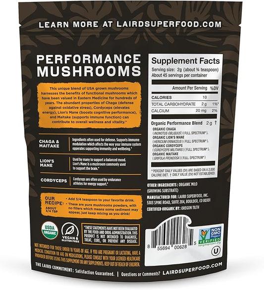 Laird Superfood Organic Performance Mushroom Blend with Chaga, Cordyceps, Lion's Mane and Maitake for Energy and Cognition, 3.17 oz. Bag, Pack of 1